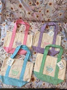 Trader Joe's Mini Pastel Canvas Tote — Pink, Purple, Blue, Green